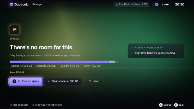 Recovery screen showing the drive is full, with an option to clear the shader cache.