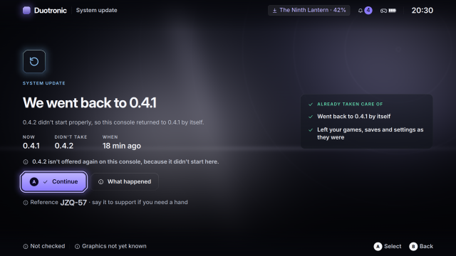 The recovery screen shown when an update does not finish.