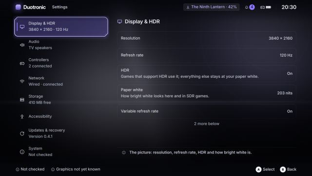 Display and HDR settings, with Not checked and Graphics not yet known along the bottom edge.