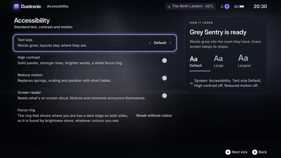 Duotronic accessibility settings showing text size, contrast, reduced motion, screen reader and focus options