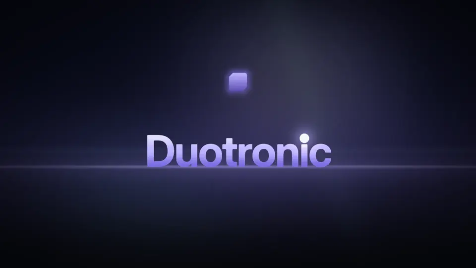 The Duotronic start screen: the violet mark and the name over a soft horizon of light