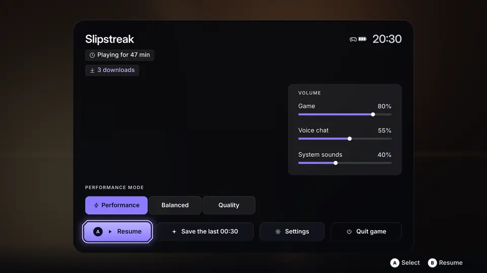 Duotronic in-game Guide with volume sliders, performance modes and a Resume button in focus
