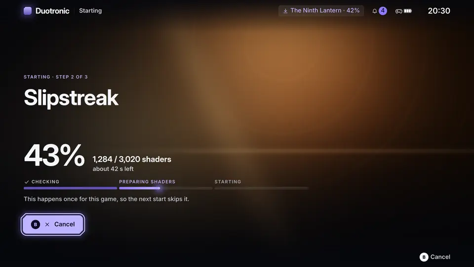 Duotronic starting screen preparing shaders for a game, with a progress count and the time left