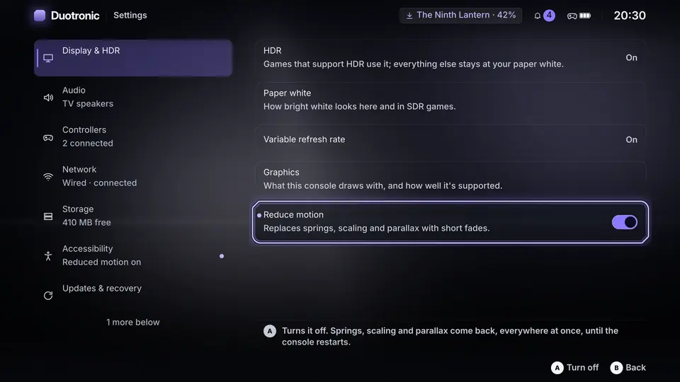 Duotronic settings with the Reduce motion option in focus and explained in plain words beneath the list