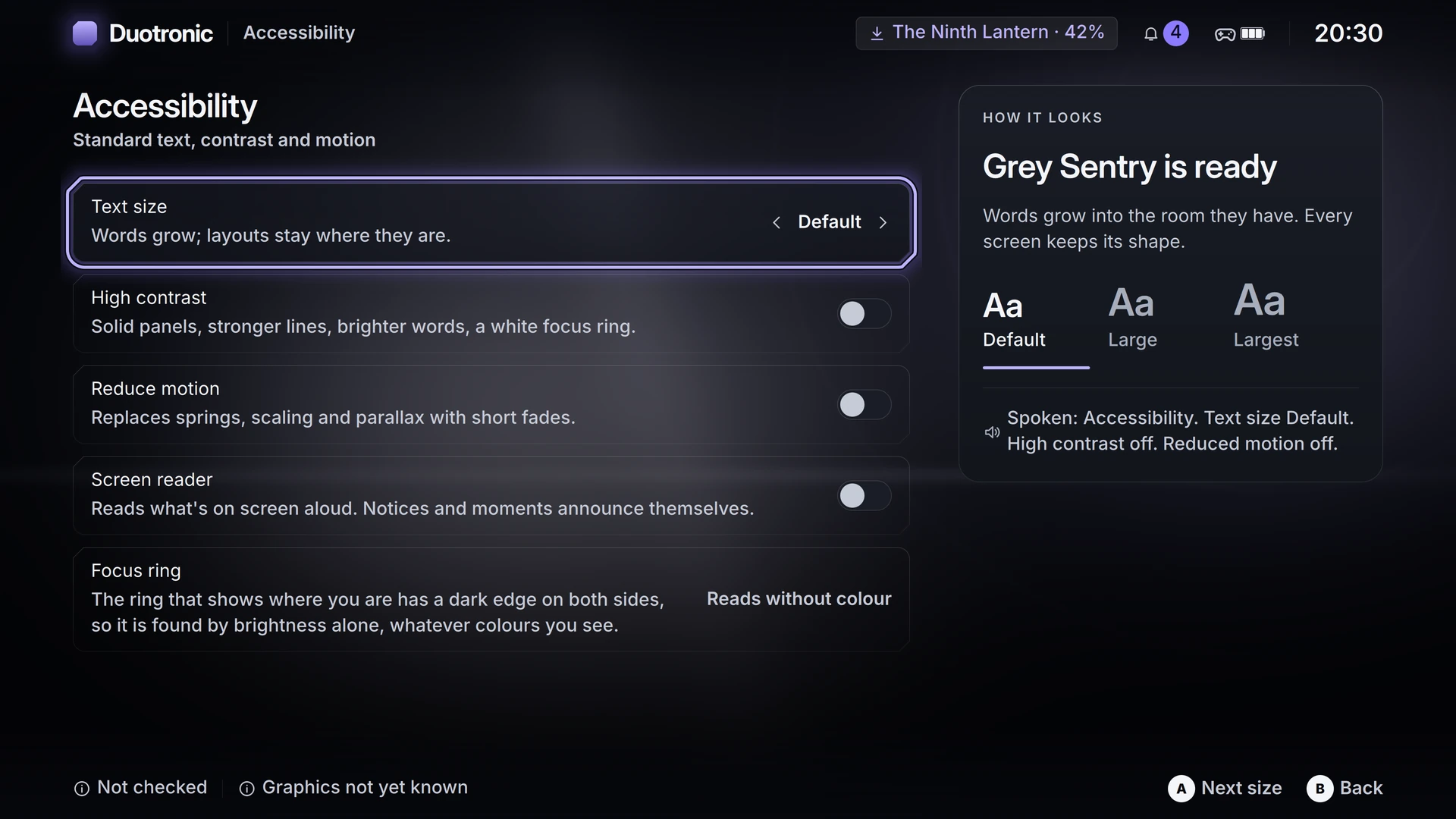 Accessibility menu offering High contrast, Text size, and Reduce motion controls.