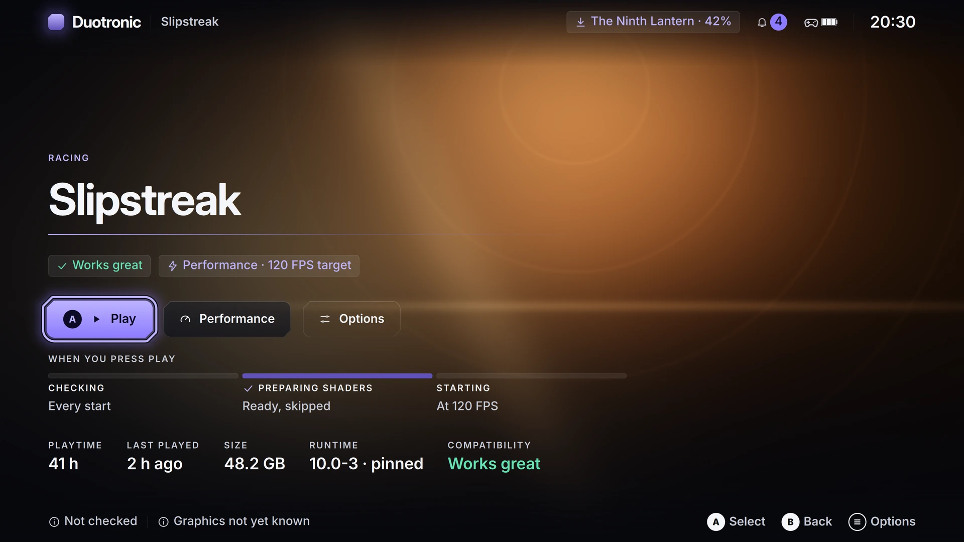 Title detail screen for Slipstreak showing playtime, size, pinned runtime version, and shader cache status.
