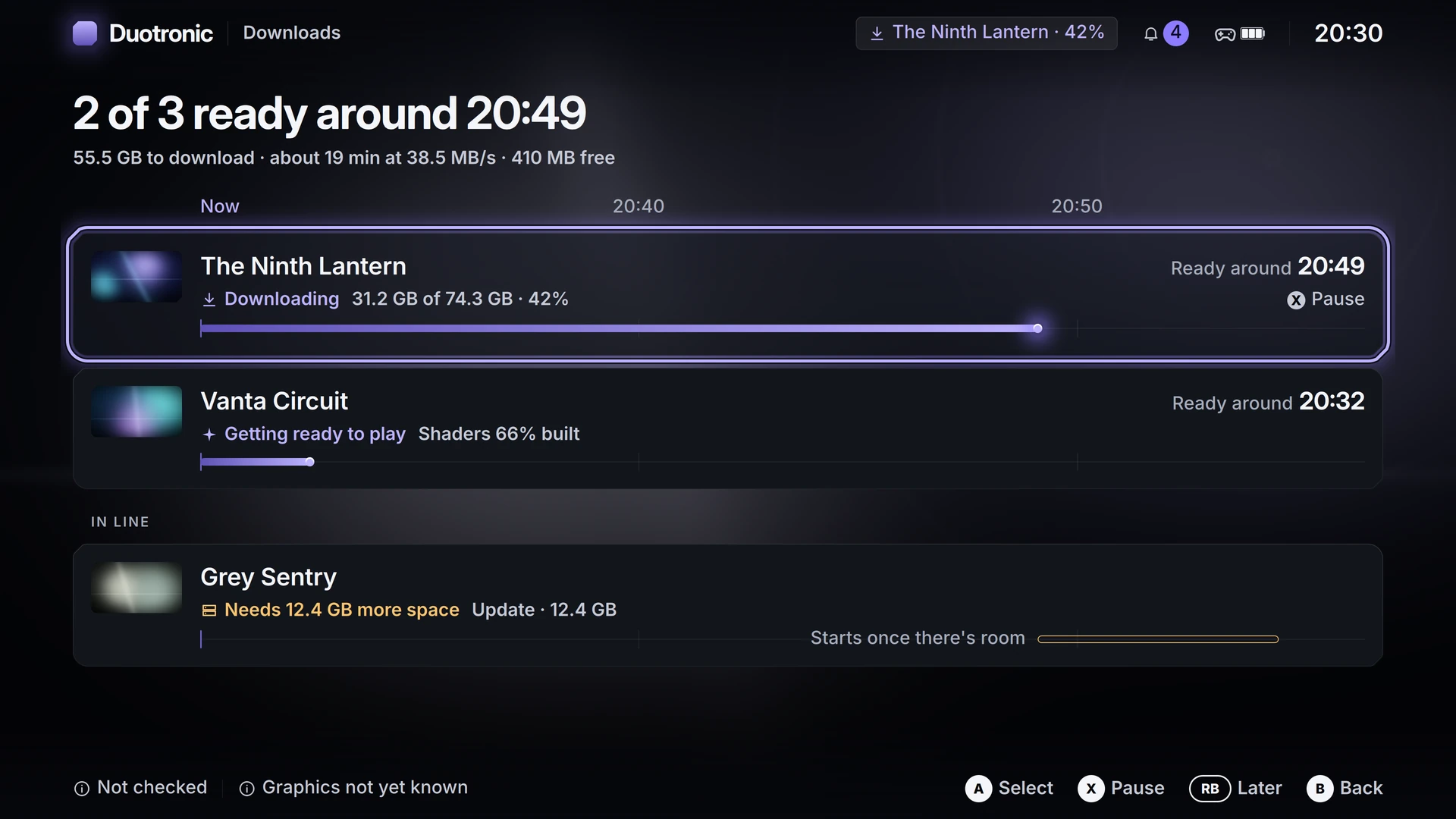 Downloads screen showing an active download with progress bar, downloaded size, and queue controls.