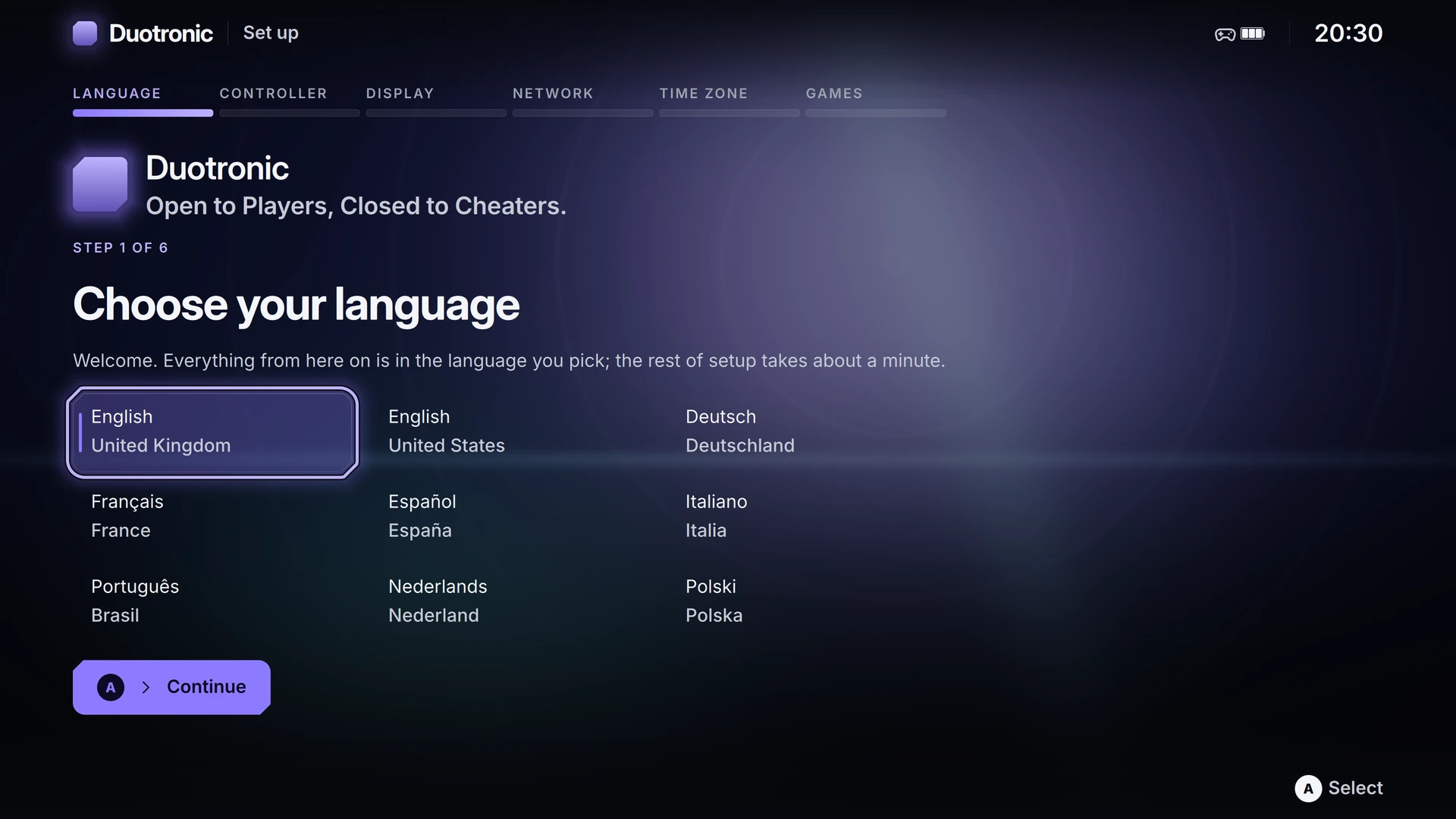 First boot language selection screen with clear typography and sequential setup steps.