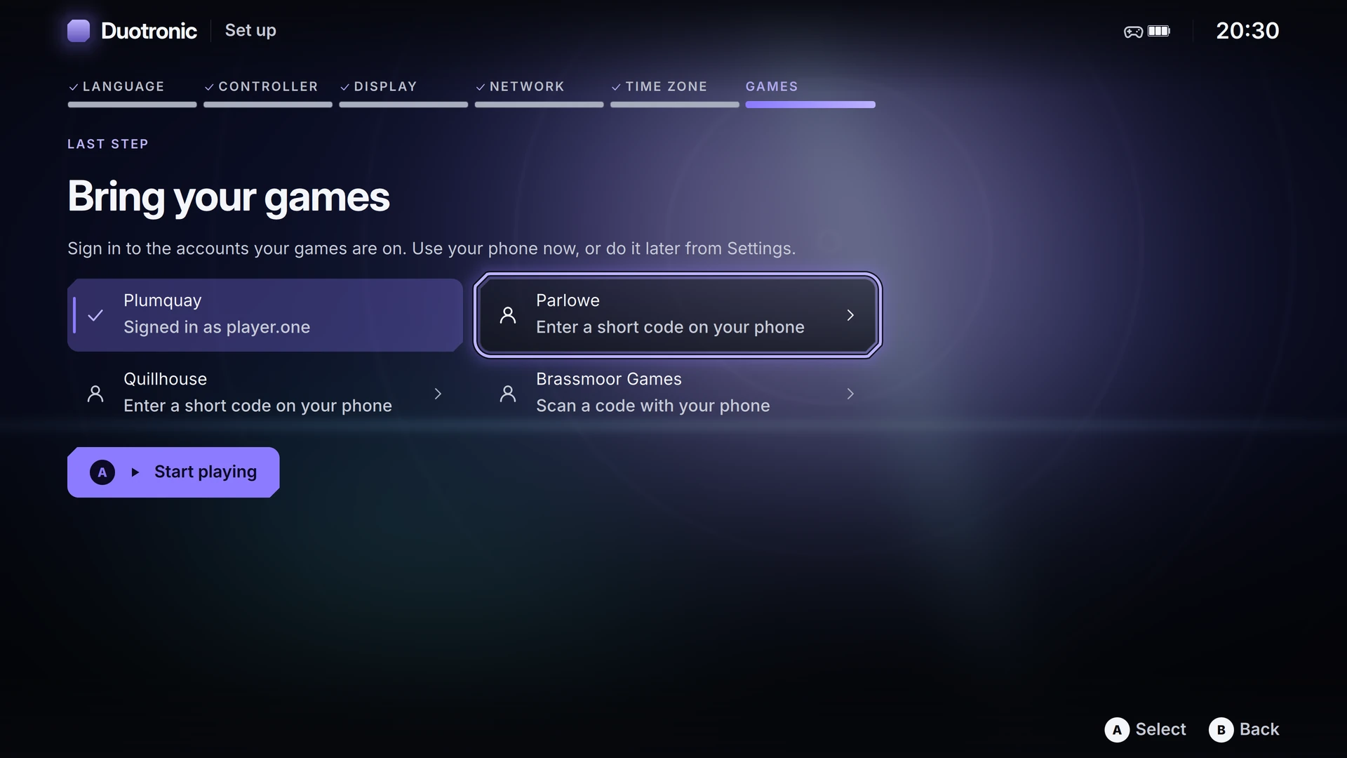 Account linking screen during first boot allowing players to connect store libraries in one place.