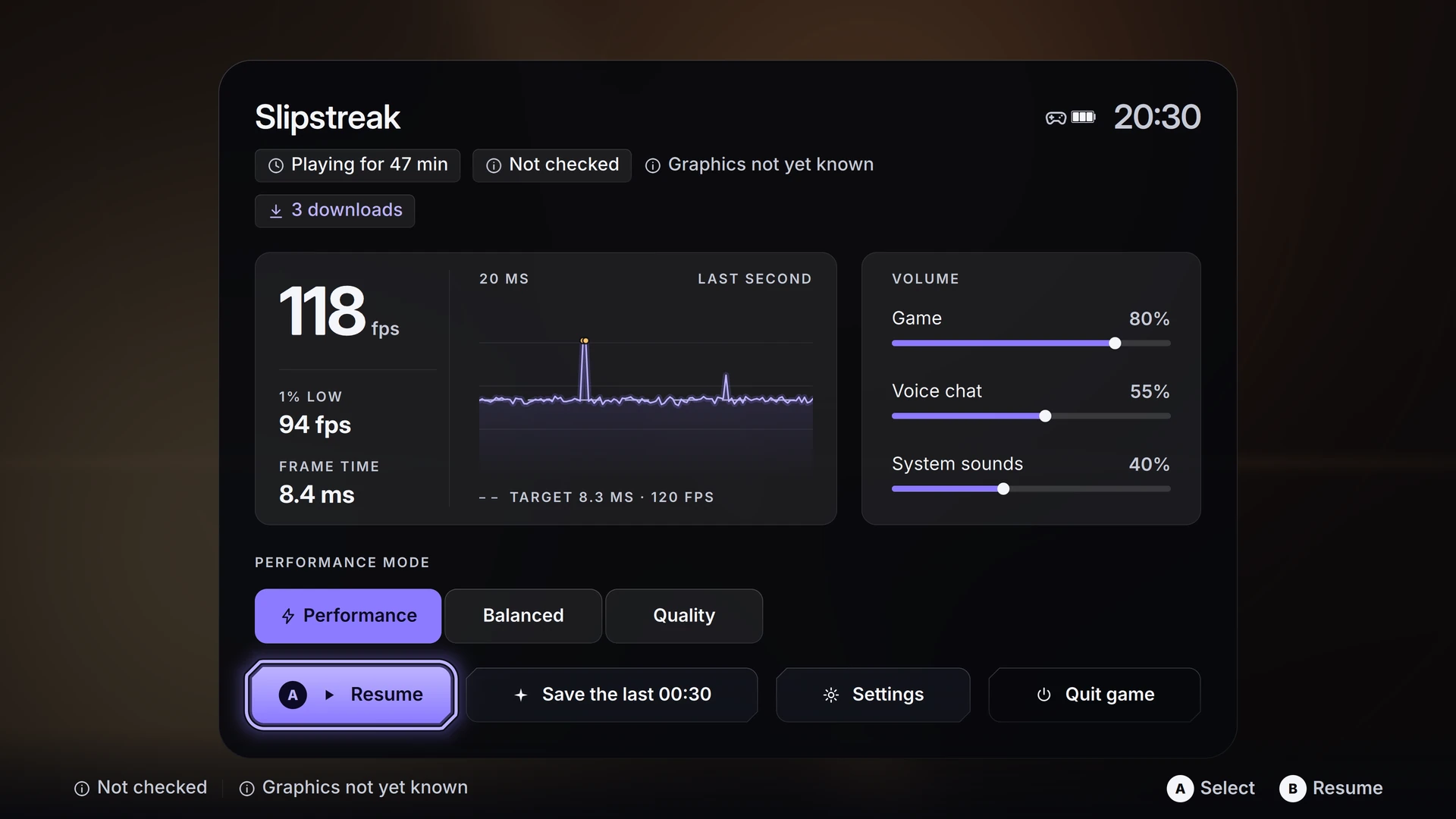 The in-game Guide overlay showing volume controls, performance mode, and resume button.