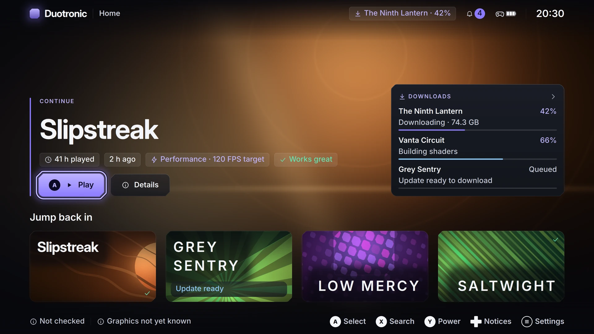 The Duotronic home screen with hero card, downloads panel, and generated title cards under Jump back in.