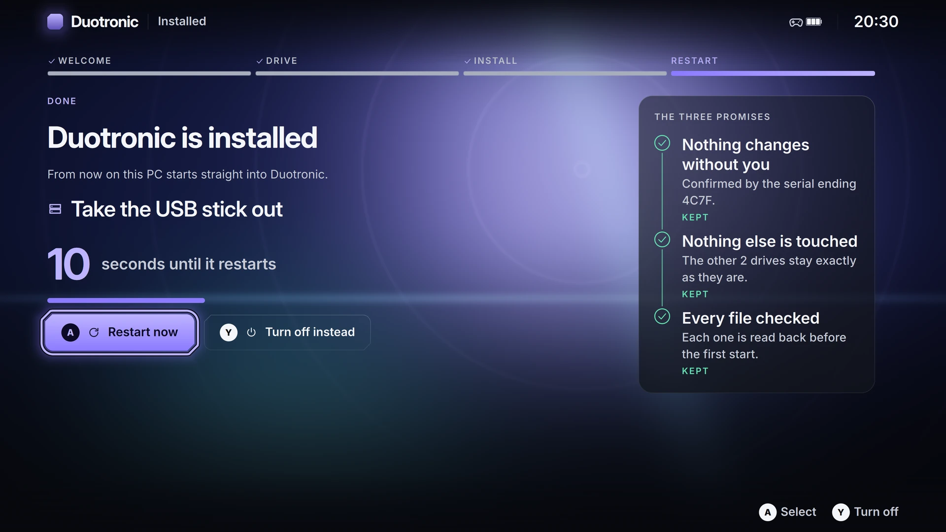 Installation complete screen confirming the console is ready and prompting to restart.