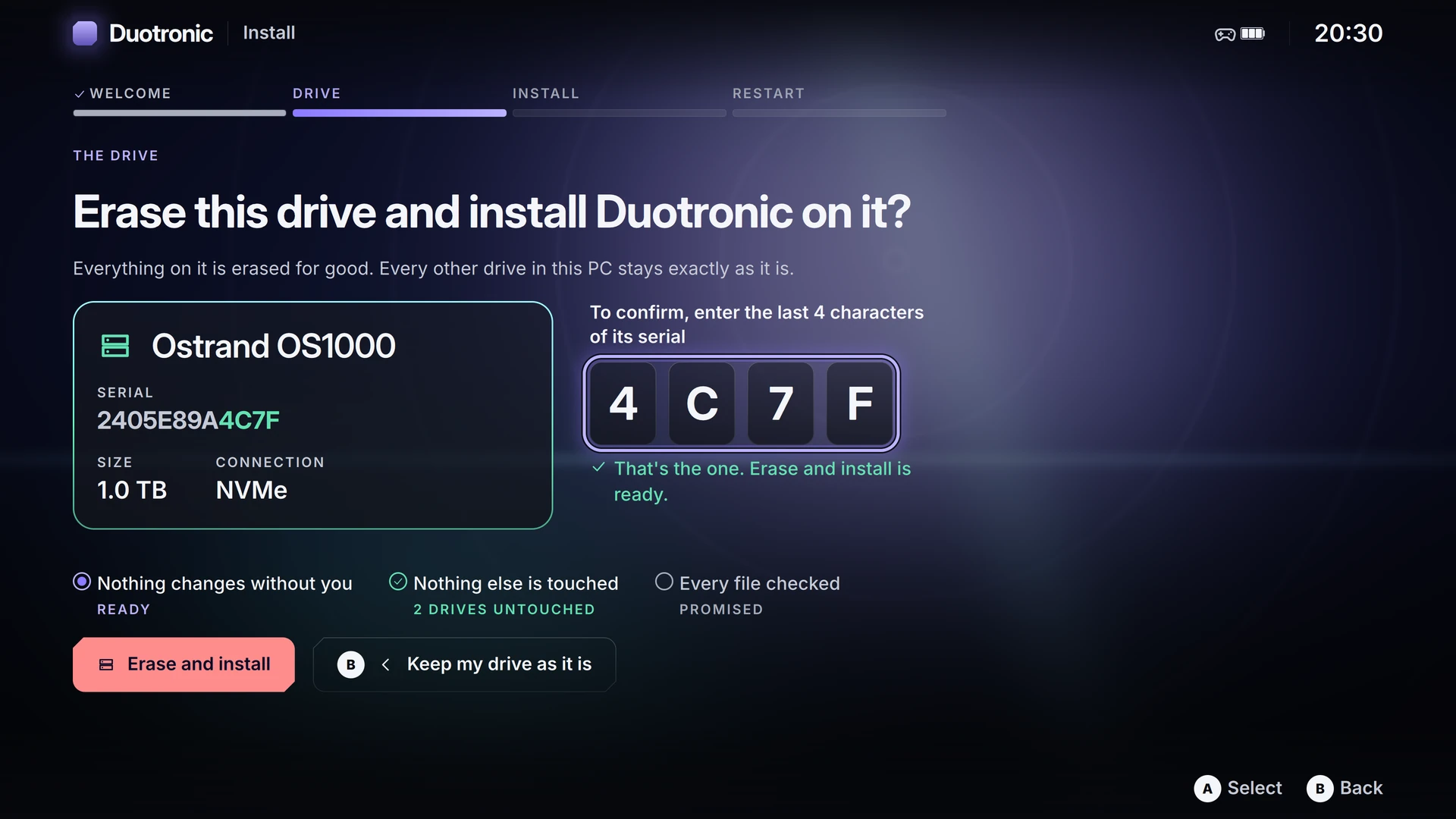 Serial confirmation screen unlocking erase and install upon matching the drive serial number.