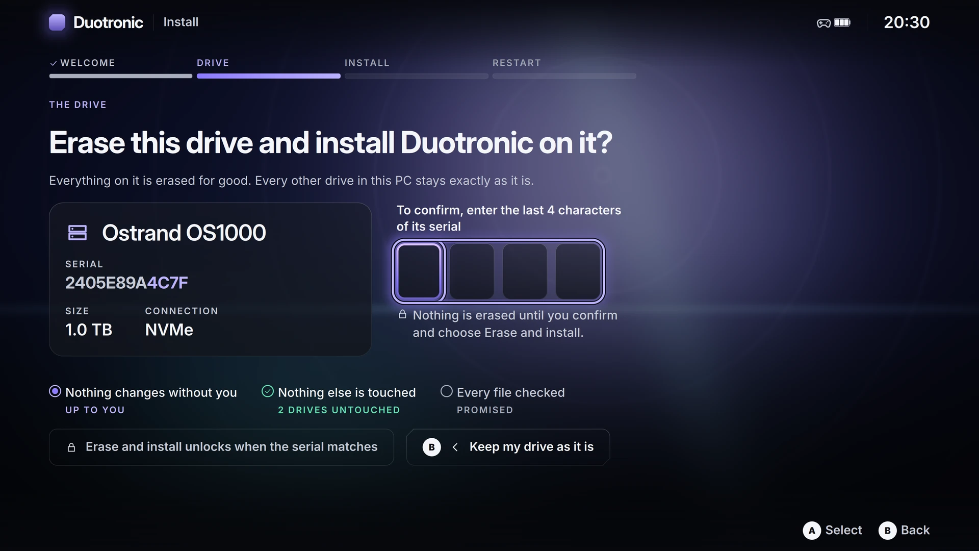 Drive selection screen identifying the installation drive clearly by model, capacity and serial number.