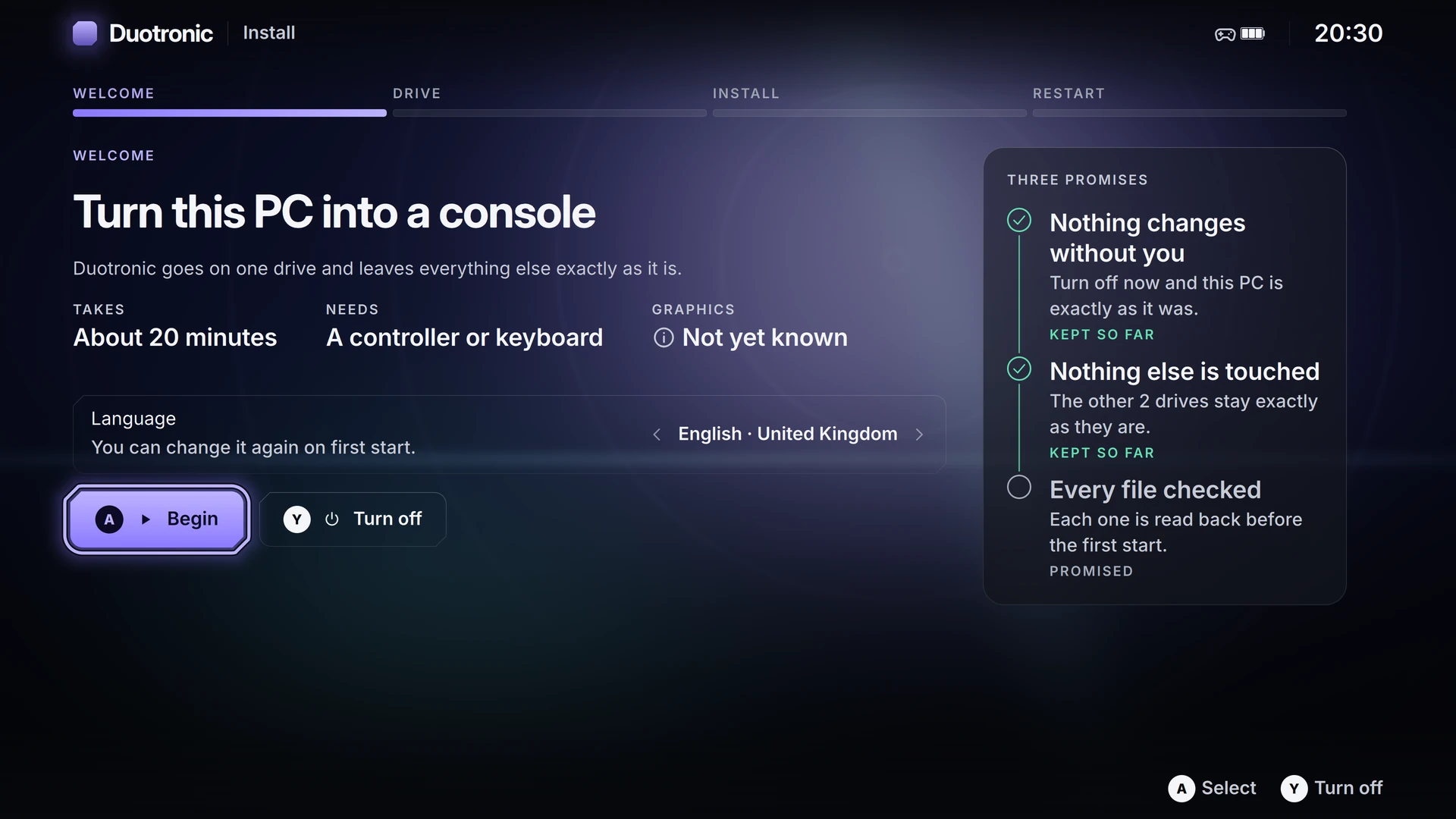 Duotronic installer welcome screen showing language selection and clear system expectations.