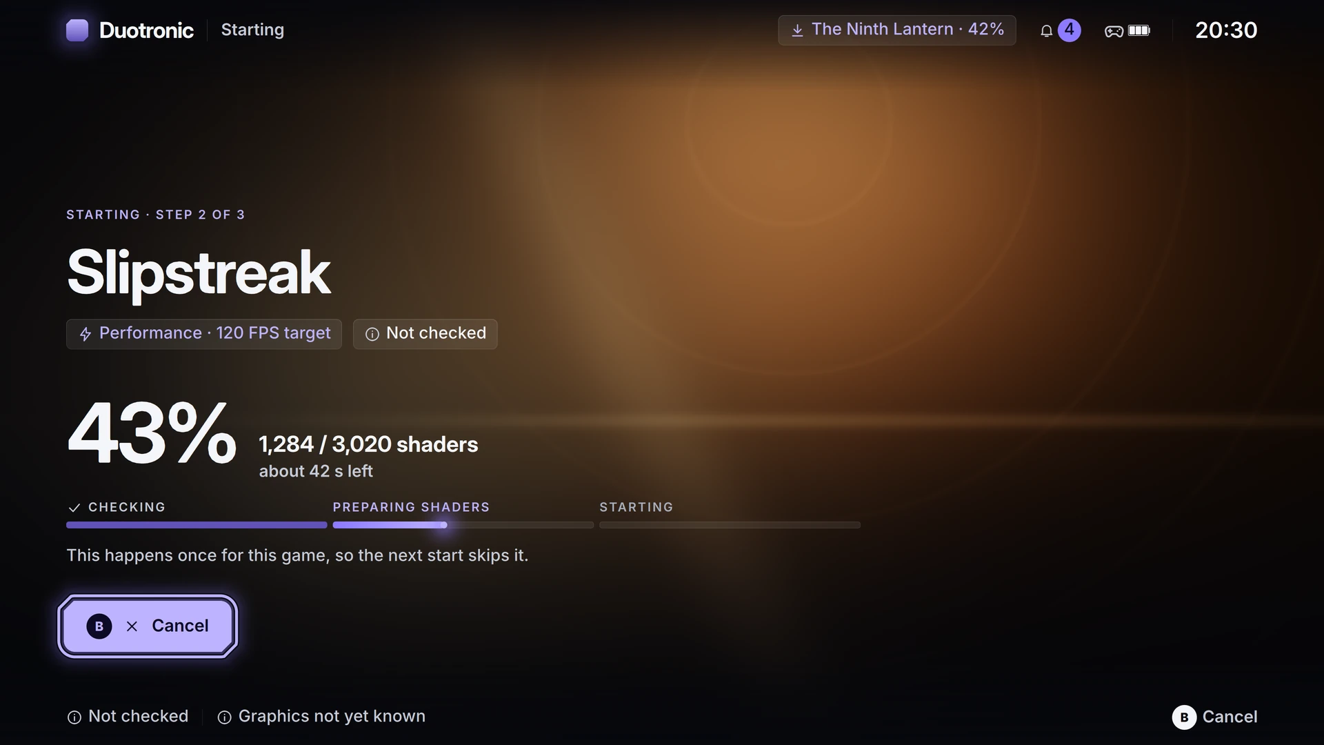 The Preparing shaders screen, with a progress count and time remaining.