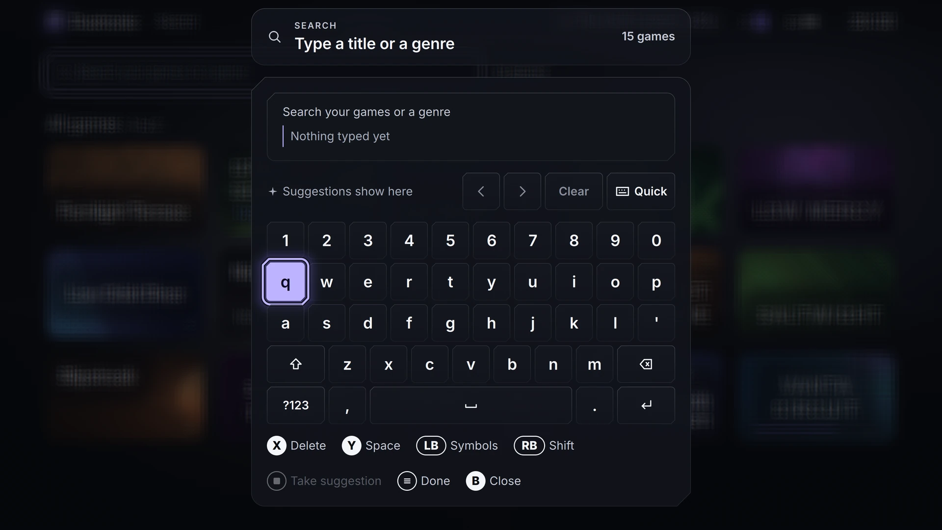 Search screen featuring the on-screen keyboard layout and search input for finding games.