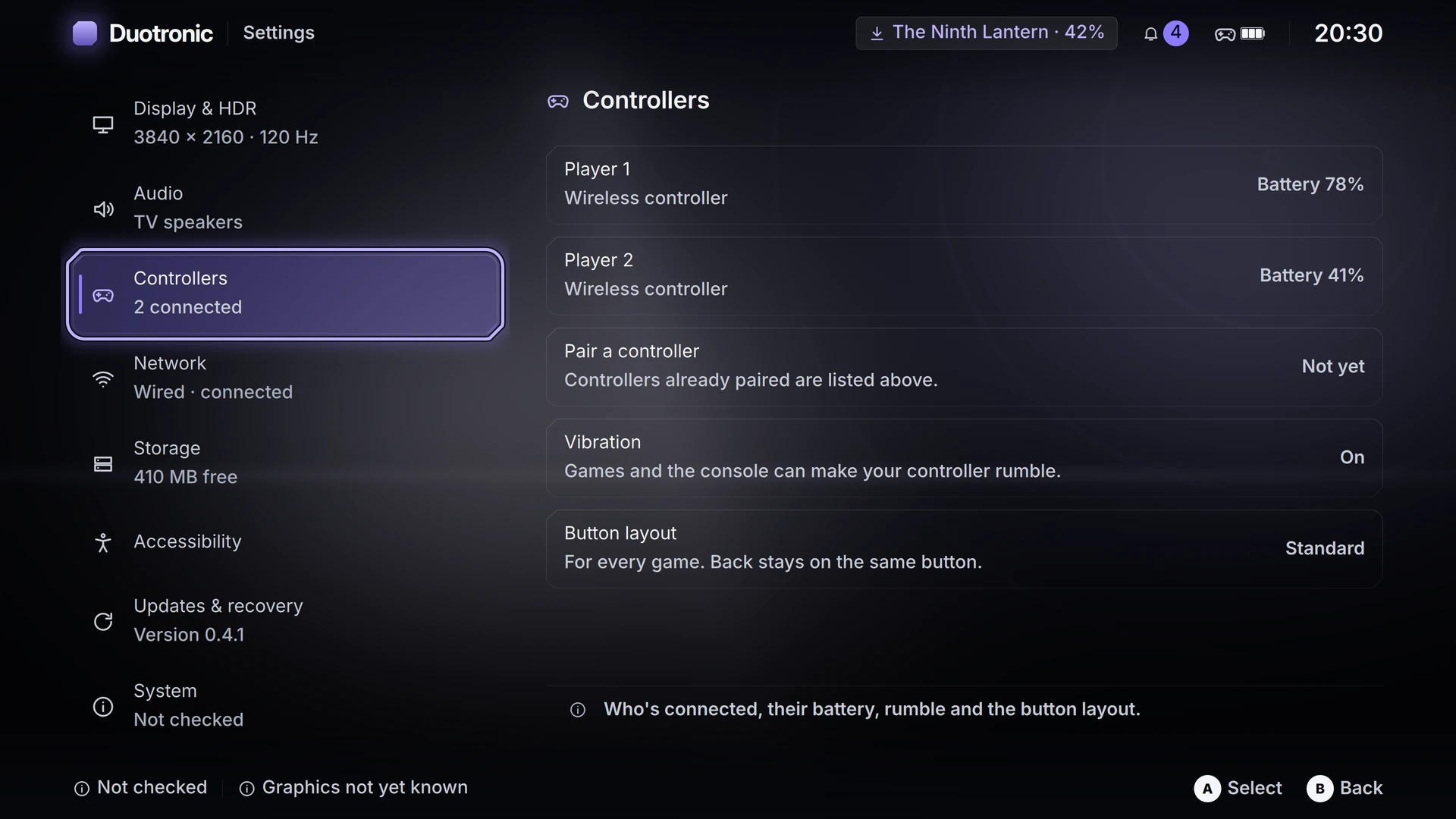 Controller settings screen displaying connected gamepads and configuration.