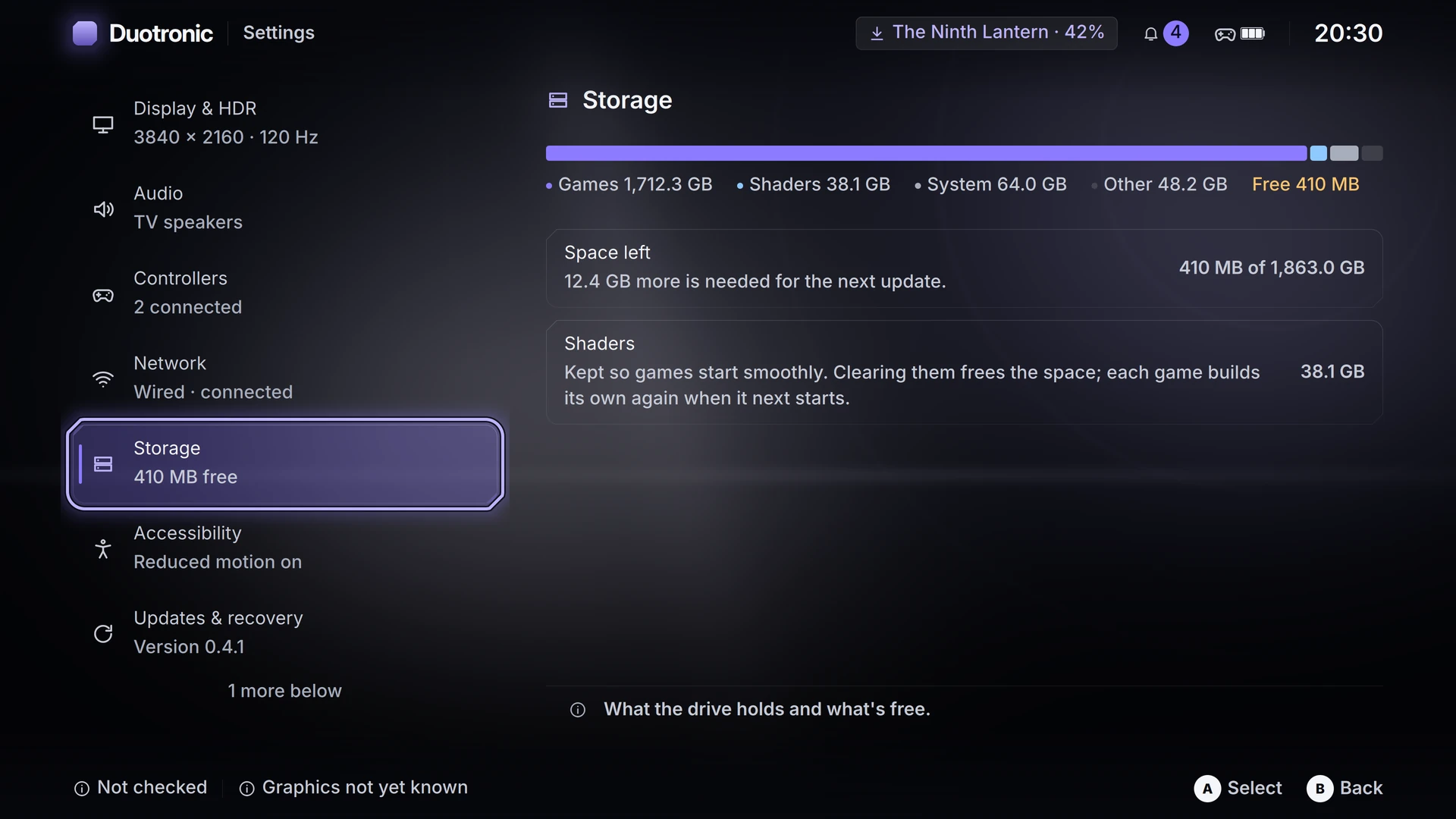 Settings storage screen with visual bar breakdown of games, shaders, and system files.