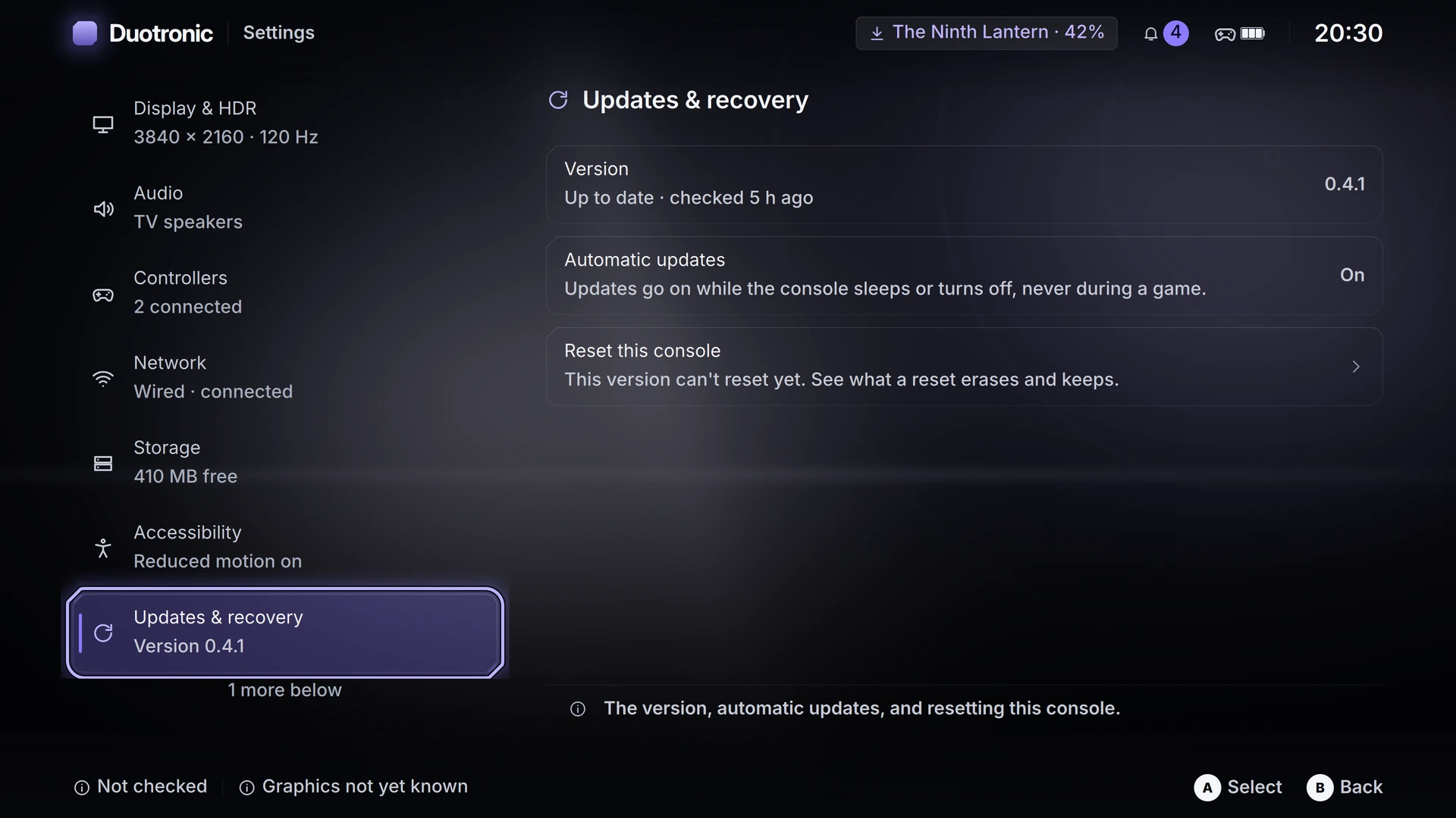 Settings updates screen displaying system update status and check for updates control.