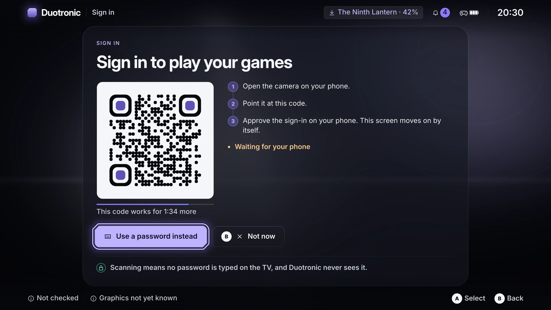 Sign in QR screen instructing the player to scan with a phone camera to authenticate.